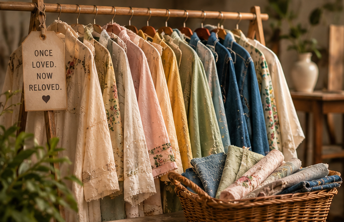 Selection of thrifted garments, fabrics and materials
